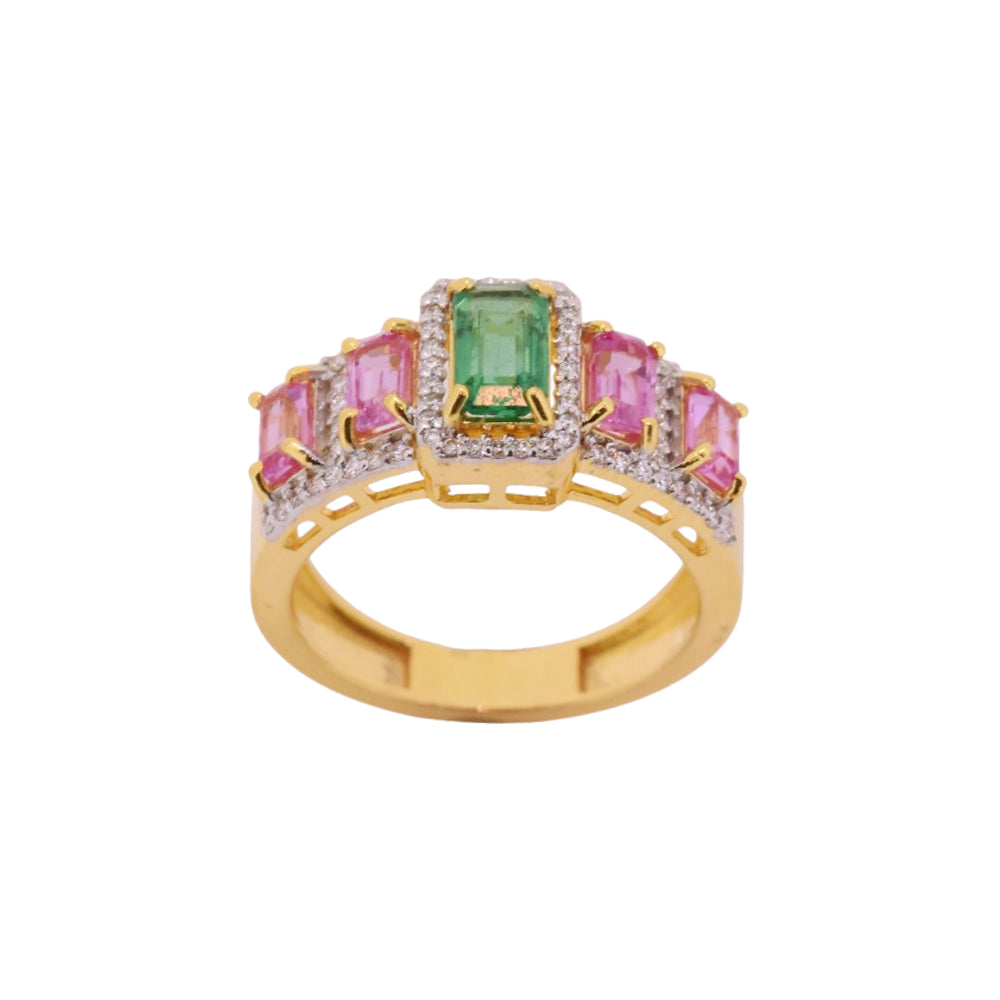 Diamond Halo Ring with Octagon-Cut Emerald and Pink Sapphires