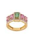 Diamond Halo Ring with Octagon-Cut Emerald and Pink Sapphires