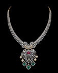 Diamond Floral Statement Necklace Set with Natural Ruby and Emerald