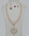 Diamond Necklace With Natural Emerald, Ruby and Pearl Accents