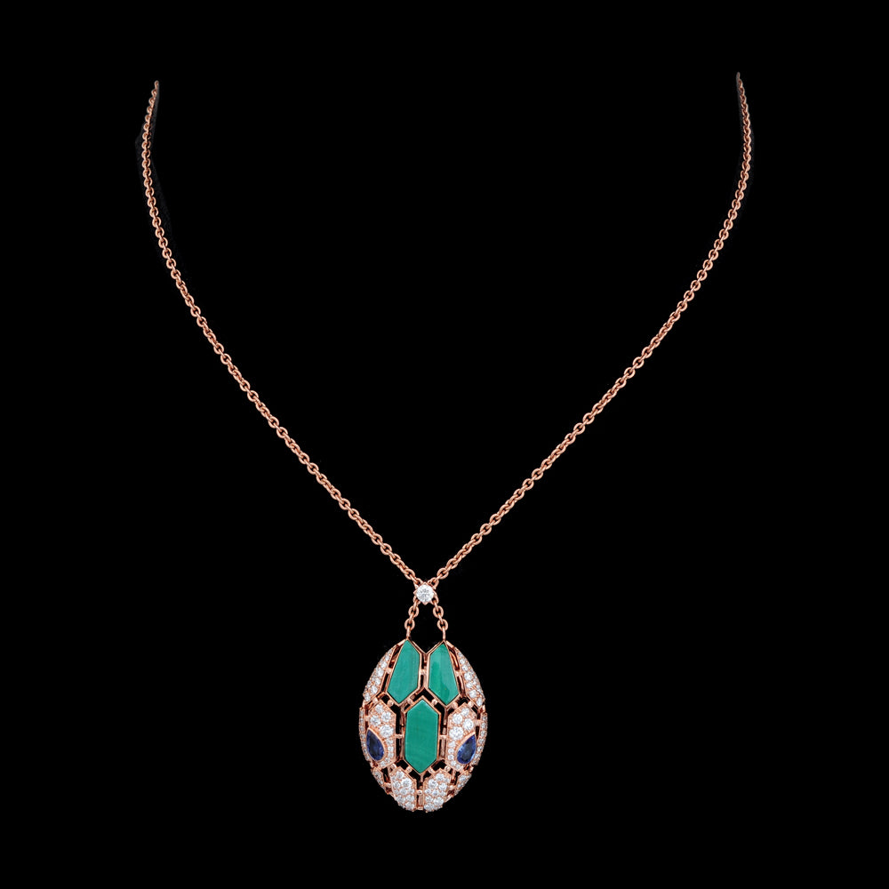 Diamond Serpenti Inspired Pendant Necklace with Natural Malachite and Sapphire