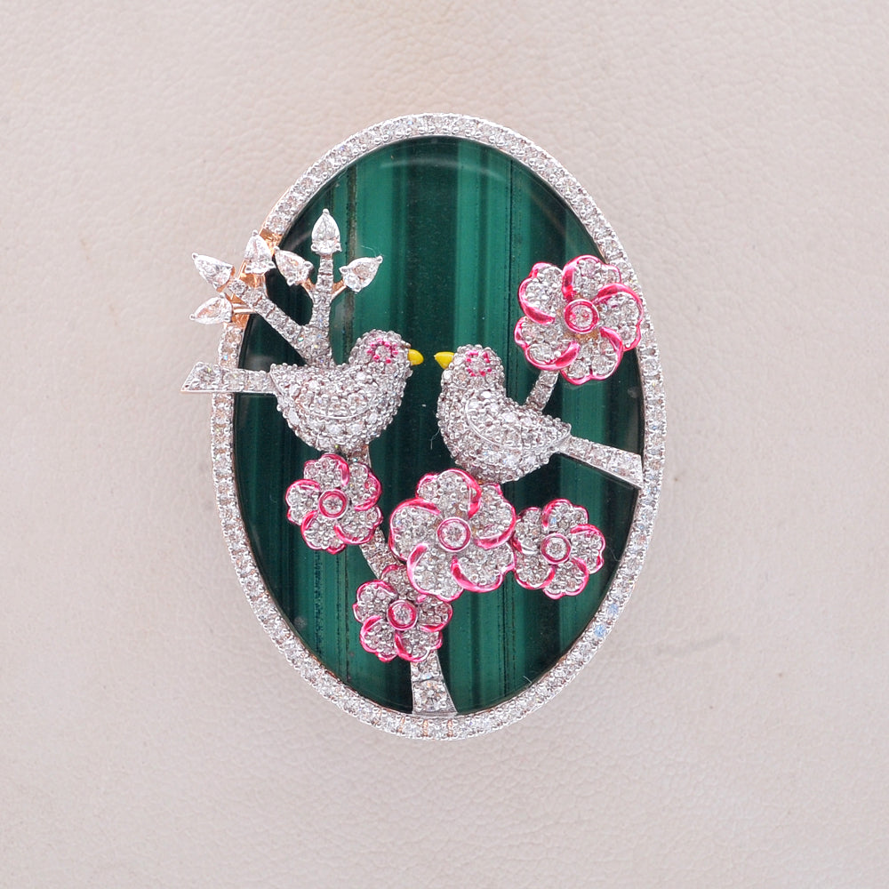 Diamond Love Bird Pendant with Natural Malachite and Pink Gemstones
