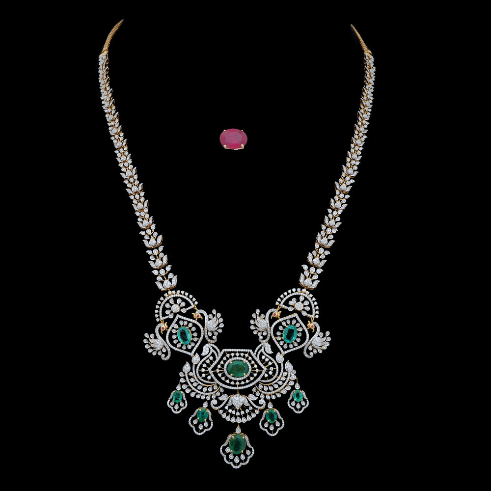 Diamond Heritage Statement Necklace Set with Natural Emerald and Ruby
