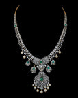 Diamond Tapered V-Shape Necklace Set with Natural Emerald, Ruby and Pearl
