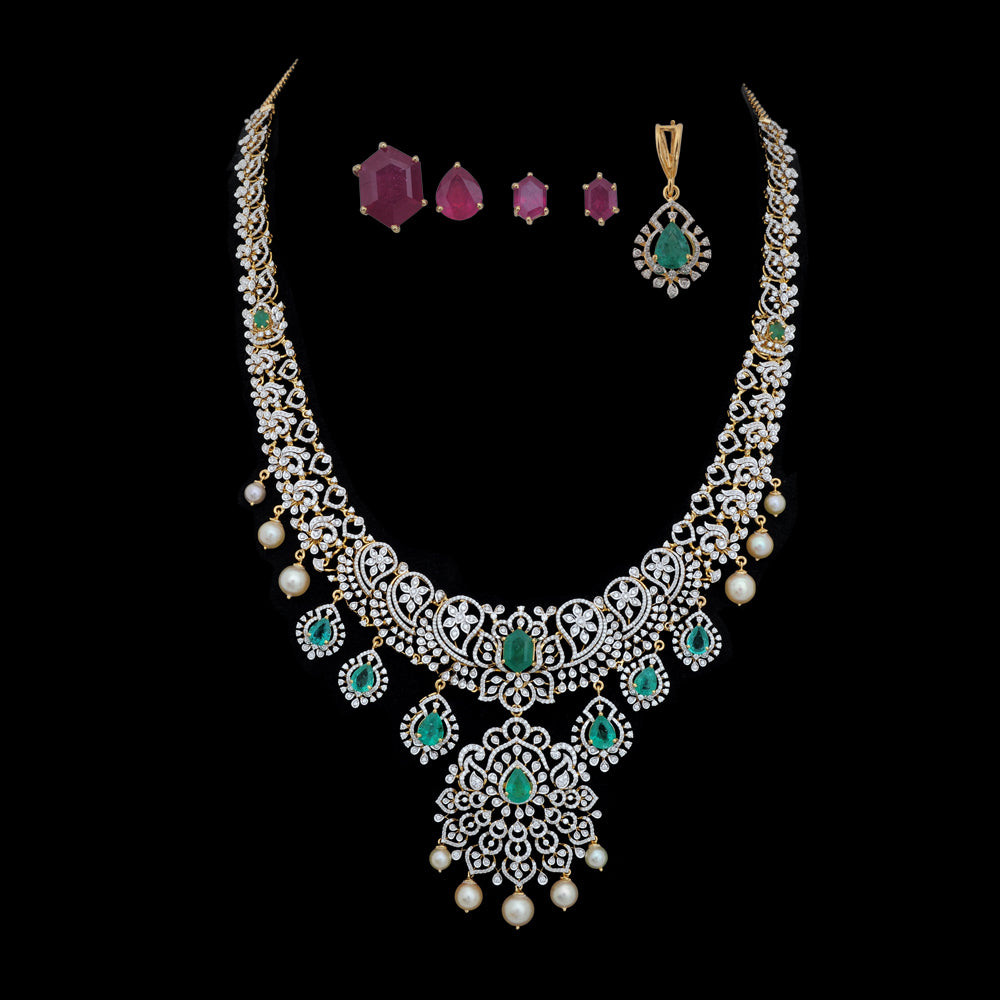 Diamond Heritage Lace Necklace with Natural Emerald, Ruby and Pearl