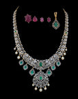 Diamond Heritage Lace Necklace with Natural Emerald, Ruby and Pearl