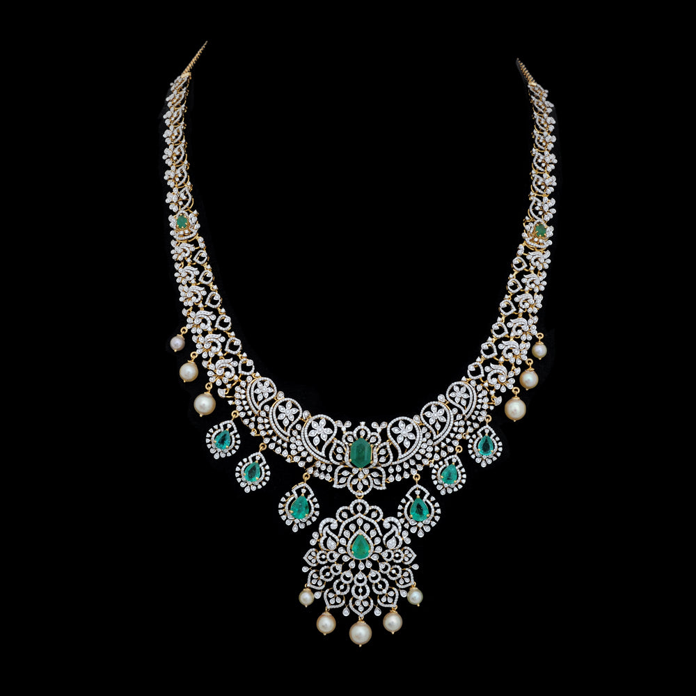 Diamond Heritage Lace Necklace with Natural Emerald, Ruby and Pearl