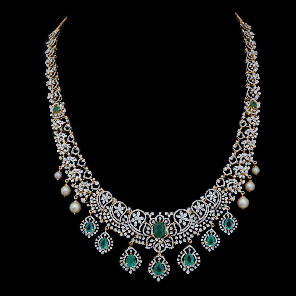 Diamond Heritage Lace Necklace with Natural Emerald, Ruby and Pearl