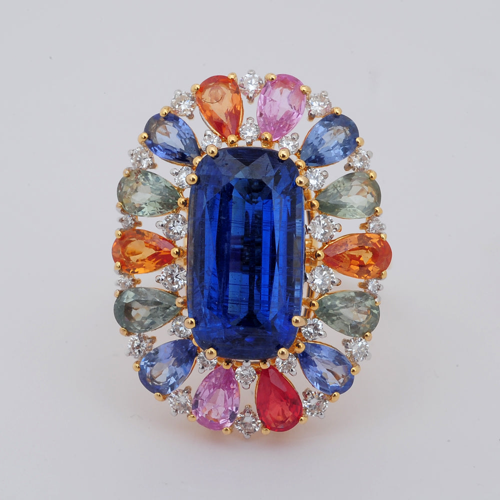 Diamond Floral Cluster Ring with Natural Multi-Colored Sapphire and Kyanite