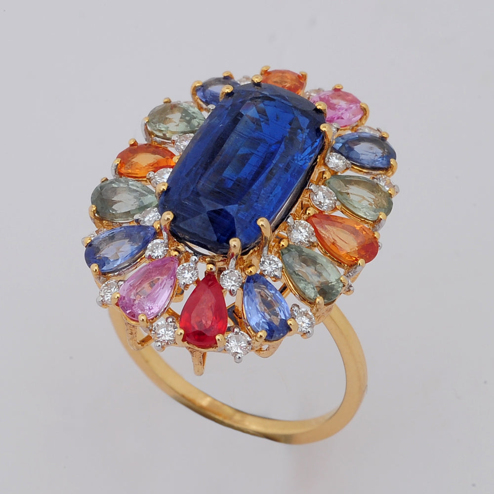 Diamond Floral Cluster Ring with Natural Multi-Colored Sapphire and Kyanite
