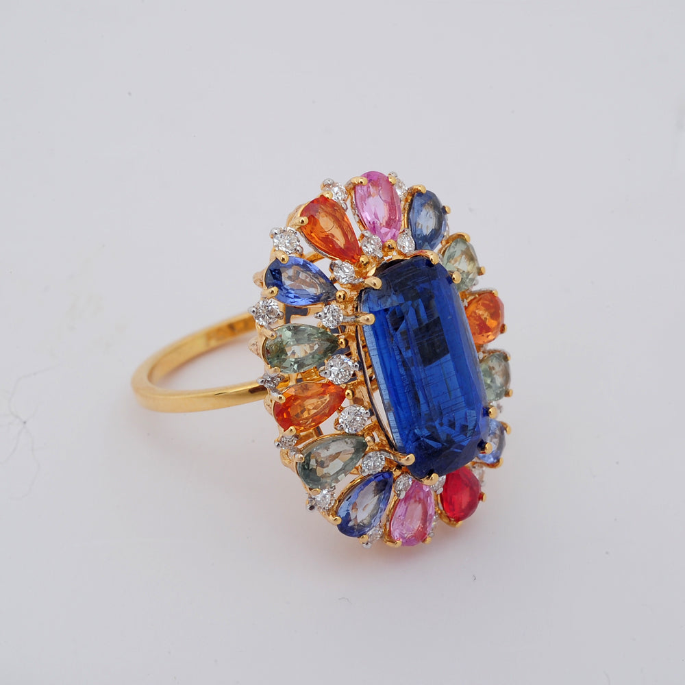 Diamond Floral Cluster Ring with Natural Multi-Colored Sapphire and Kyanite