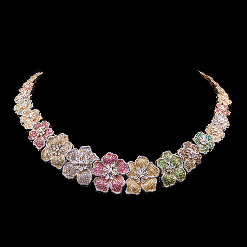 Diamond Floral Necklace with Natural Rubies, Sapphires and Tsavorites With Earring Set