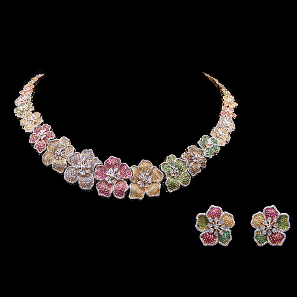 Diamond Floral Necklace with Natural Rubies, Sapphires and Tsavorites With Earring Set