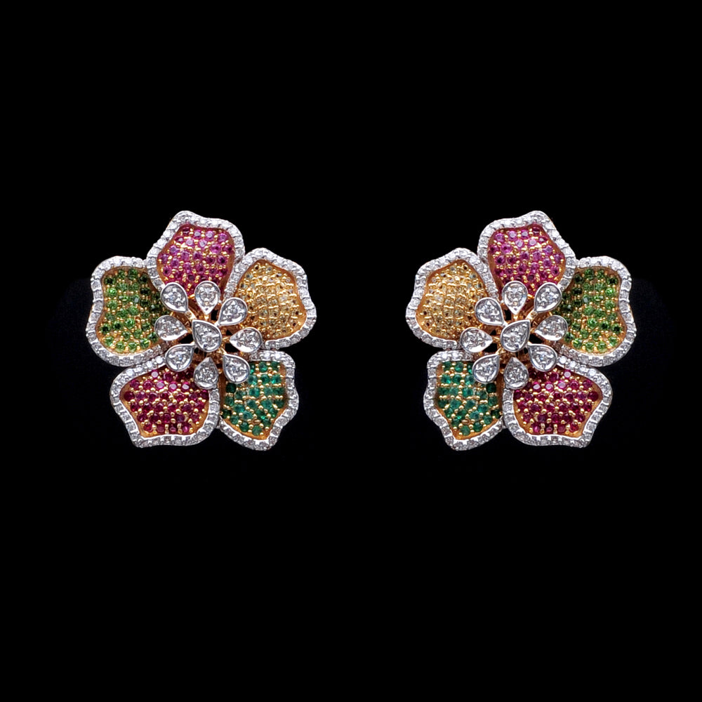 Diamond Floral Earrings with Rubies, Sapphires and Tsavorites