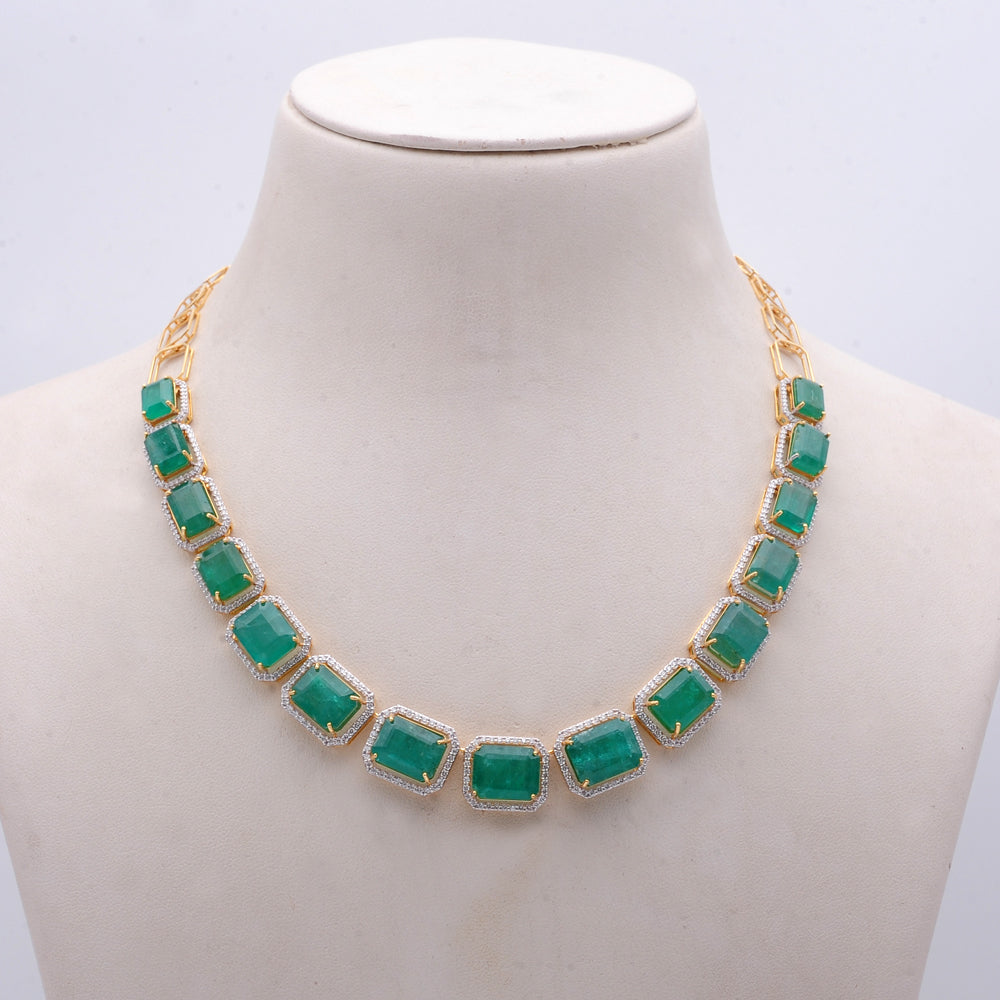 Diamond Halo Necklace with Natural Emeralds With Earring Set