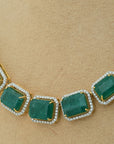Diamond Halo Necklace with Natural Emeralds With Earring Set