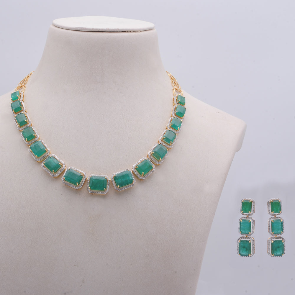 Diamond Halo Necklace with Natural Emeralds With Earring Set