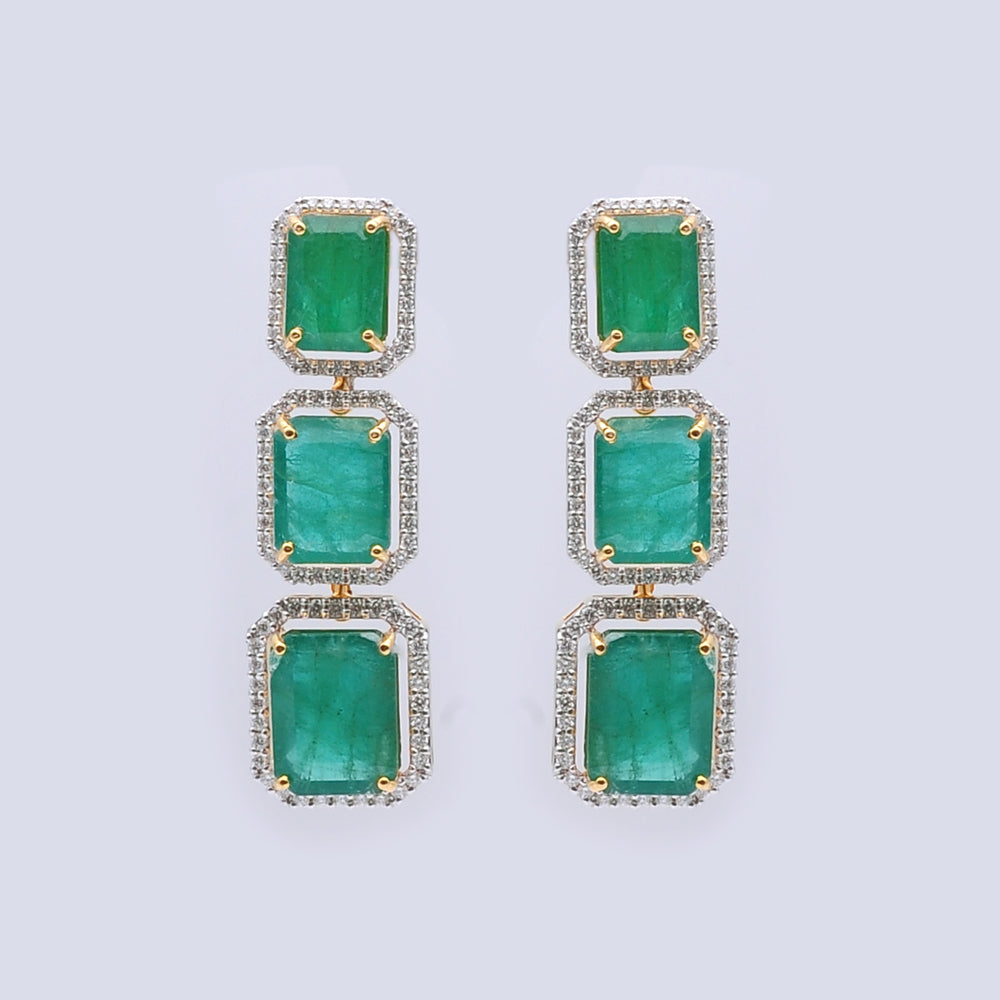 Diamond Halo Drop Earrings with Natural Emeralds