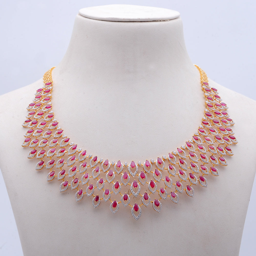 Diamond Necklace with Natural Ruby Drops With Earring Set