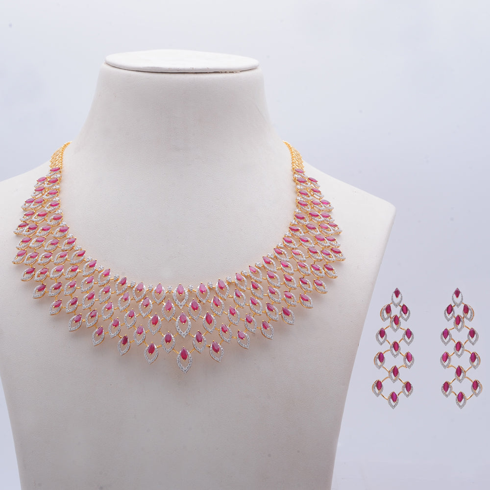 Diamond Necklace with Natural Ruby Drops With Earring Set