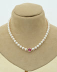 Pearl Necklace with Natural Ruby Center And Diamonds