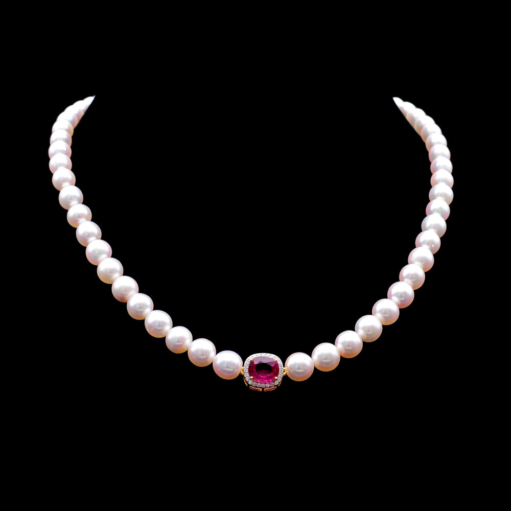 Pearl Necklace with Natural Ruby Center And Diamonds