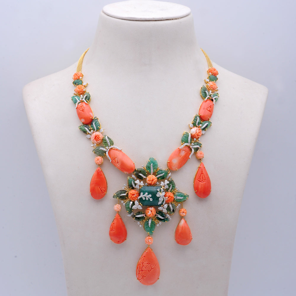 Diamond Necklace with Natural Corals and Emeralds With Earring Set