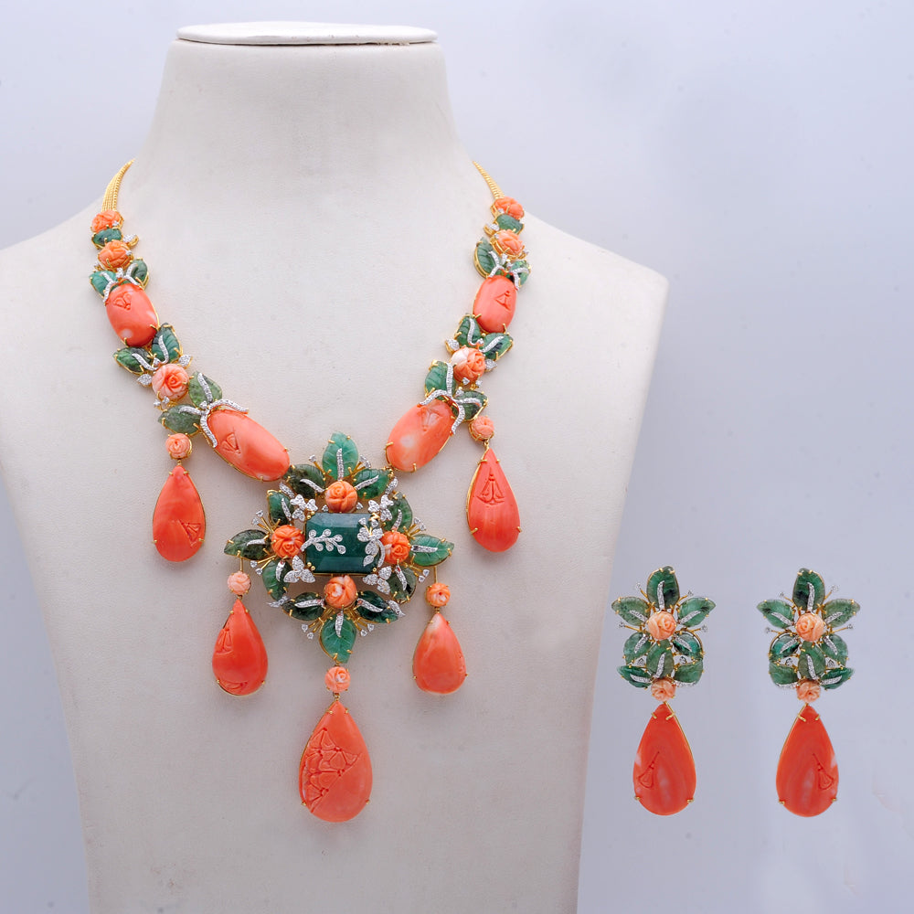 Diamond Necklace with Natural Corals and Emeralds With Earring Set