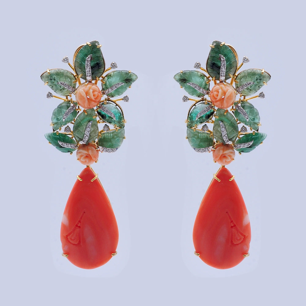 Diamond Flower Drop Earrings with Natural Corals and Emeralds