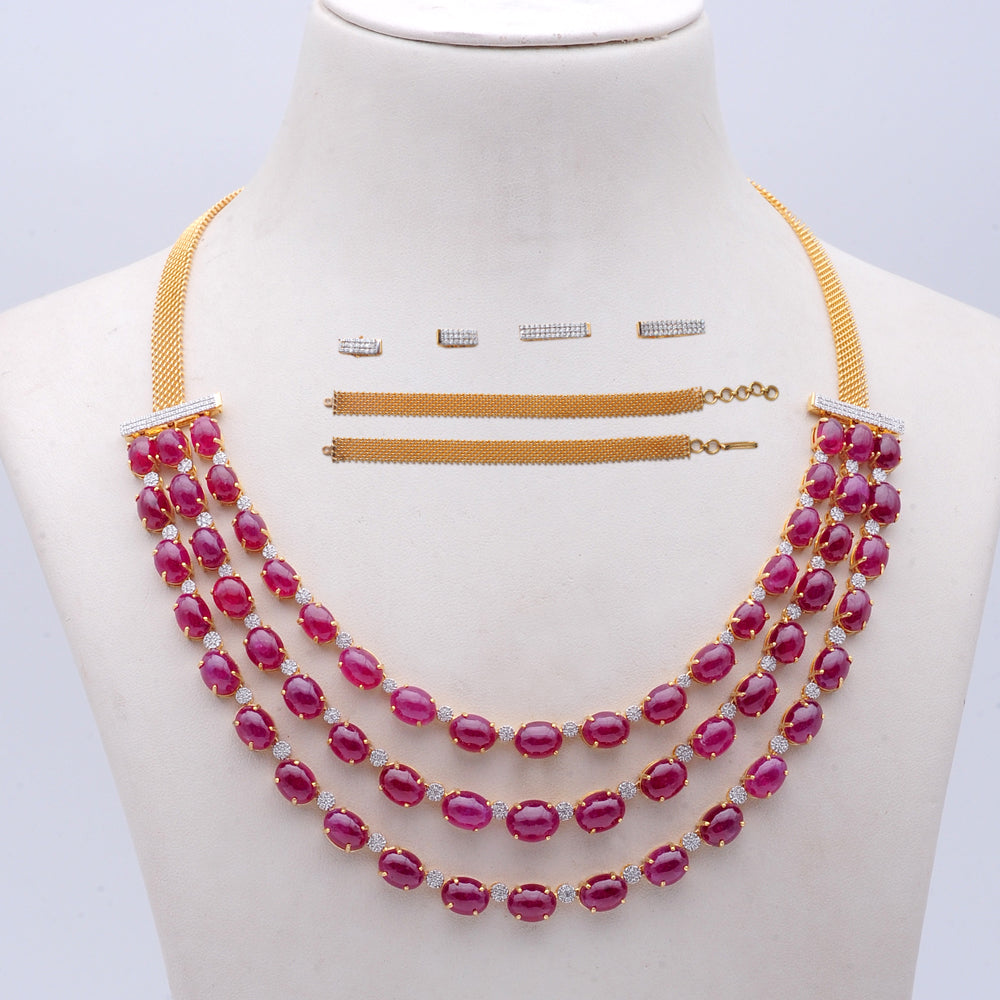 Diamond Three-Row Necklace with Natural Rubies