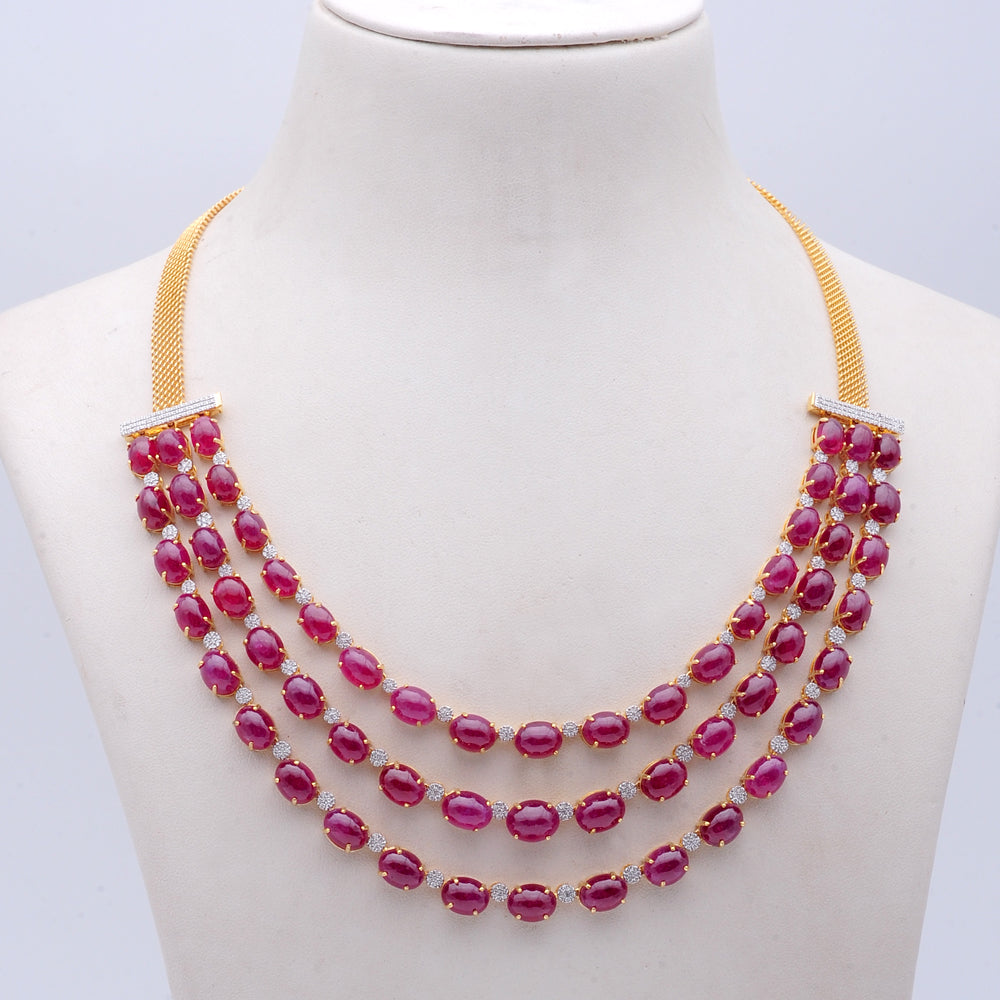 Diamond Three-Row Necklace with Natural Rubies