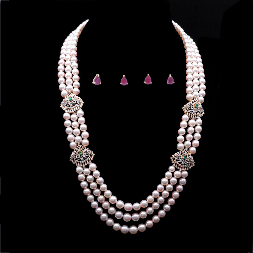 Diamond Pearl Necklace with Natural Emeralds And Rubies