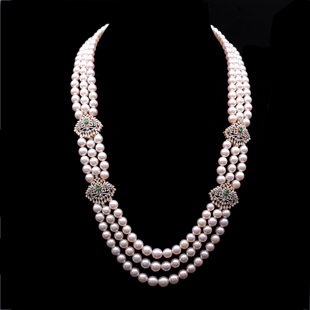 Diamond Pearl Necklace with Natural Emeralds And Rubies