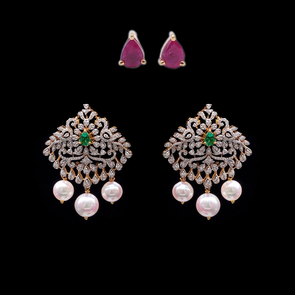 Diamond Pearl Drop Earrings with Natural Emeralds and Rubies