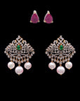 Diamond Pearl Drop Earrings with Natural Emeralds and Rubies