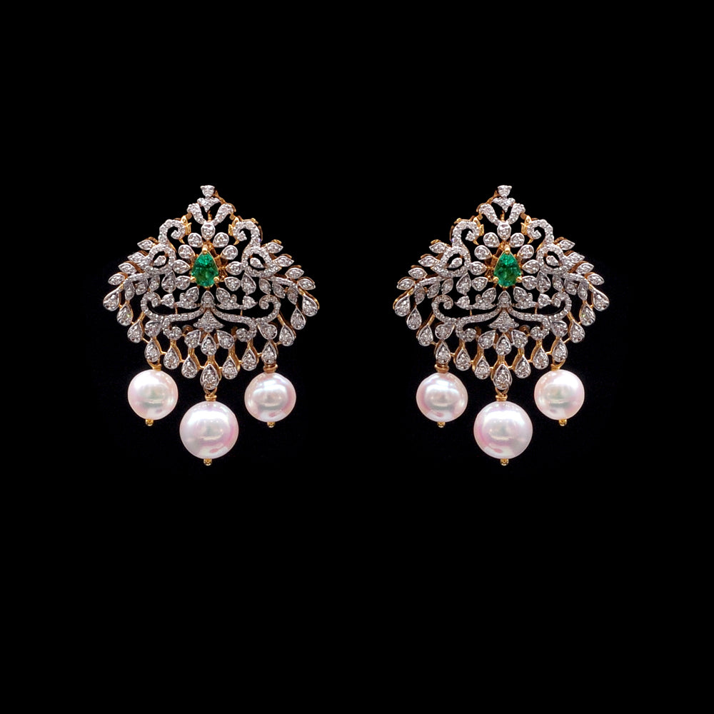 Diamond Pearl Drop Earrings with Natural Emeralds and Rubies