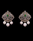 Diamond Pearl Drop Earrings with Natural Emeralds and Rubies