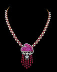 Diamond Necklace with Ruby Drops & Carved Pink Gemstone With Earring Set