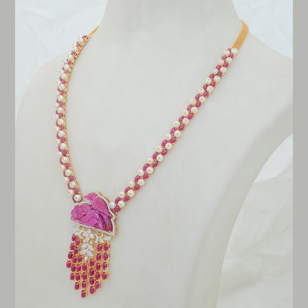 Diamond Necklace with Ruby Drops &amp; Carved Pink Gemstone With Earring Set