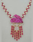 Diamond Necklace with Ruby Drops & Carved Pink Gemstone With Earring Set
