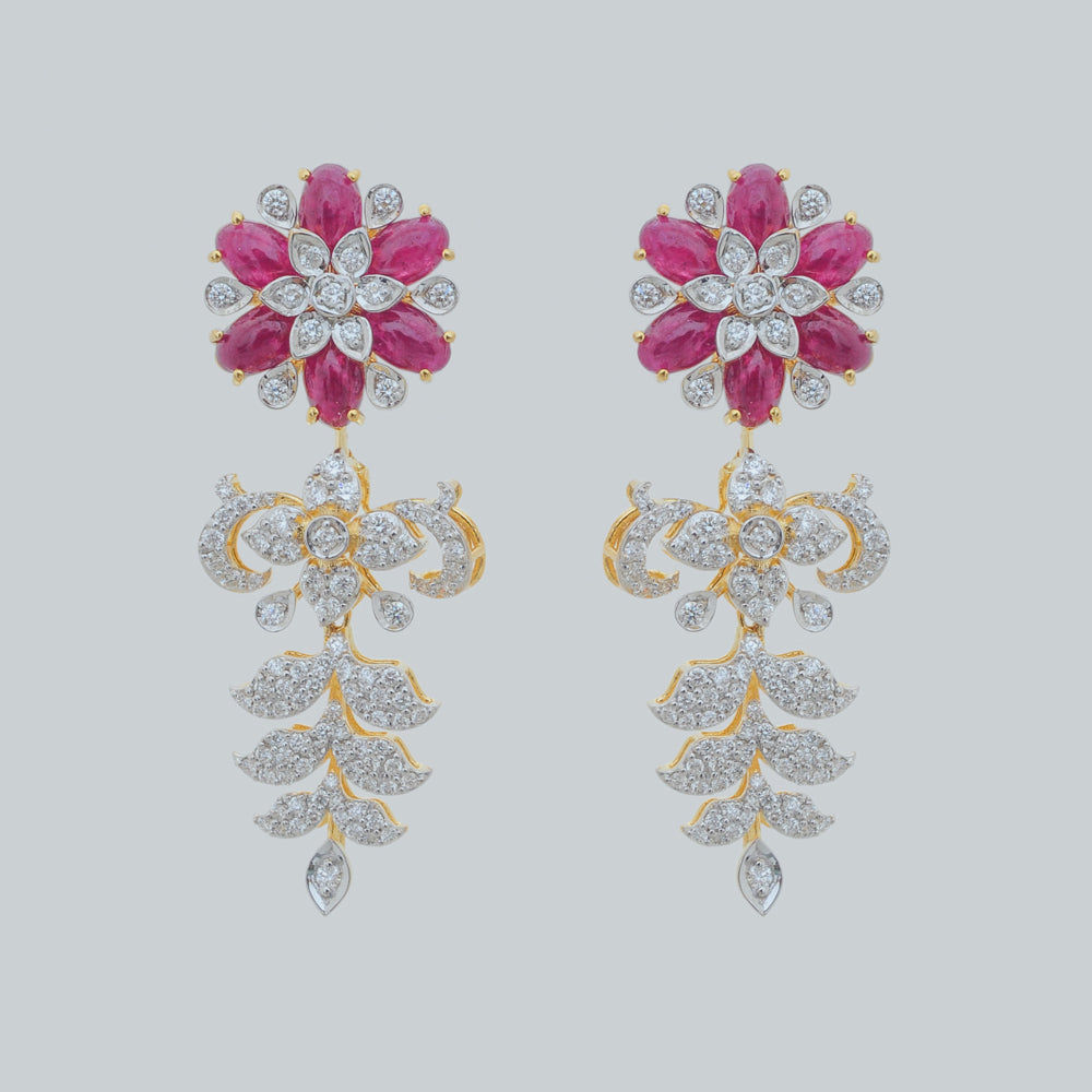 Diamond Necklace with Ruby Drops &amp; Carved Pink Gemstone With Earring Set