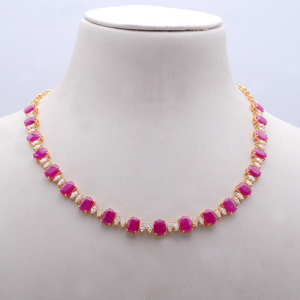 Diamond Statement Necklace With Natural Rubies With Earring Set