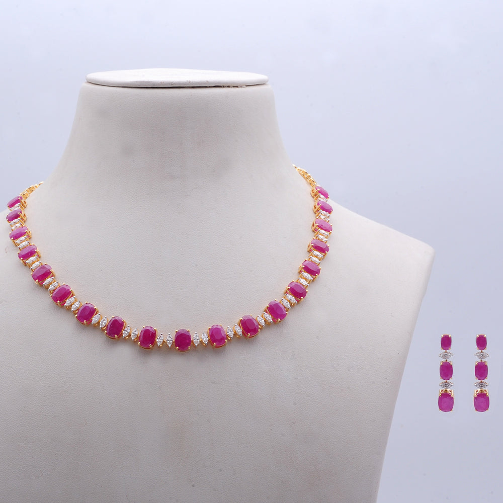 Diamond Statement Necklace With Natural Rubies With Earring Set