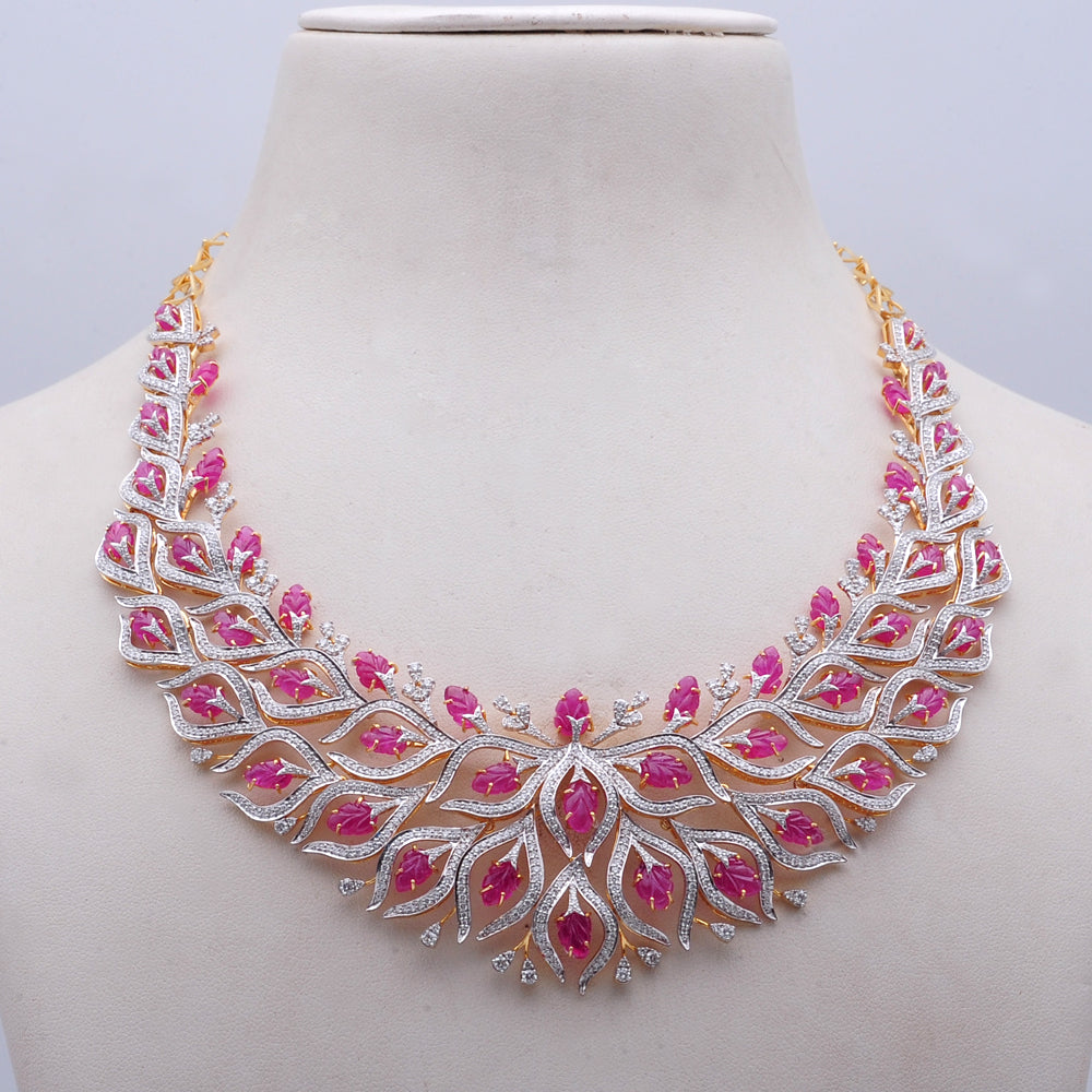 Diamond Leaf Motif Necklace With Natural Rubies With Earring