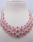 Diamond Leaf Motif Necklace With Natural Rubies With Earring