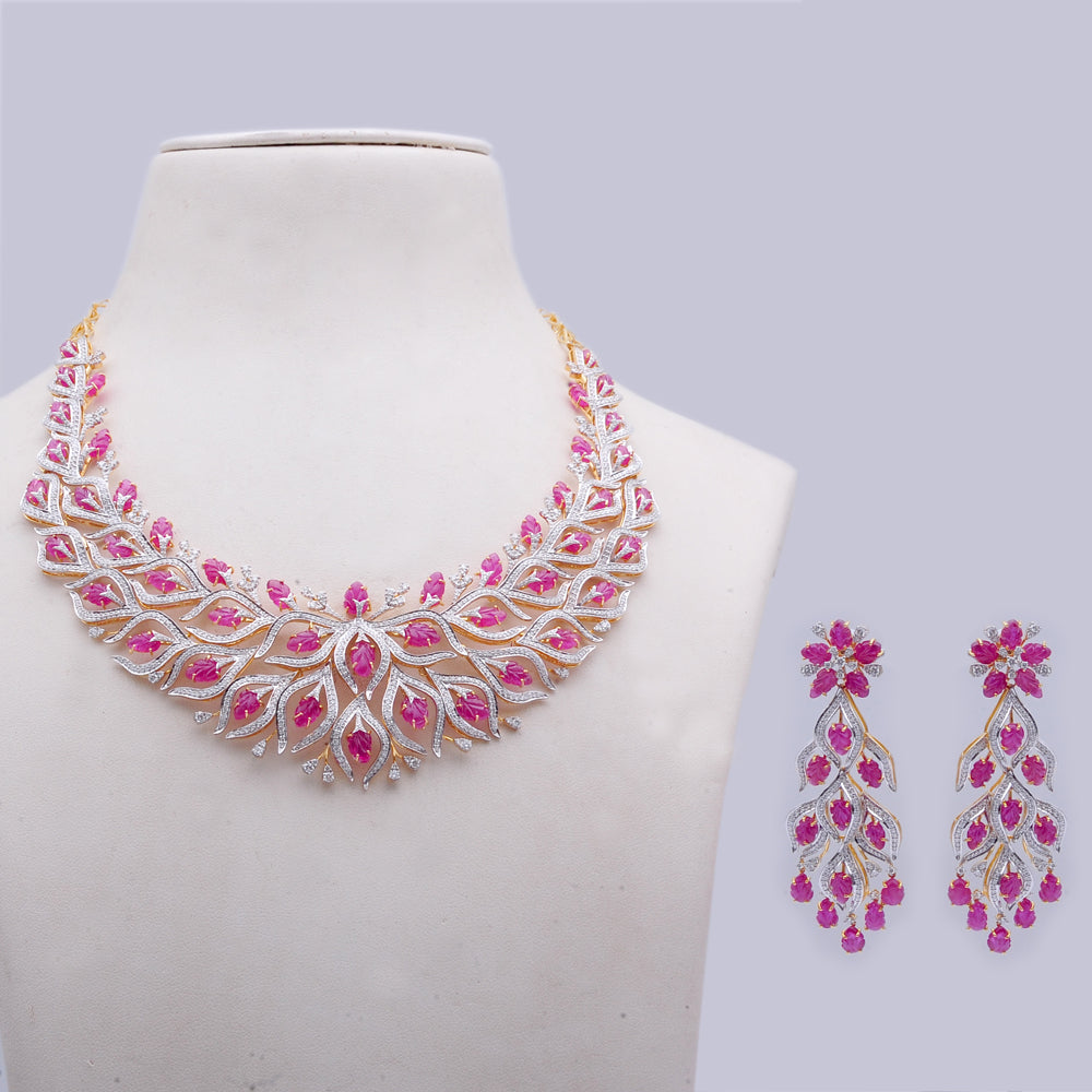 Diamond Leaf Motif Necklace With Natural Rubies With Earring