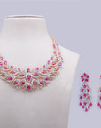 Diamond Leaf Motif Necklace With Natural Rubies With Earring