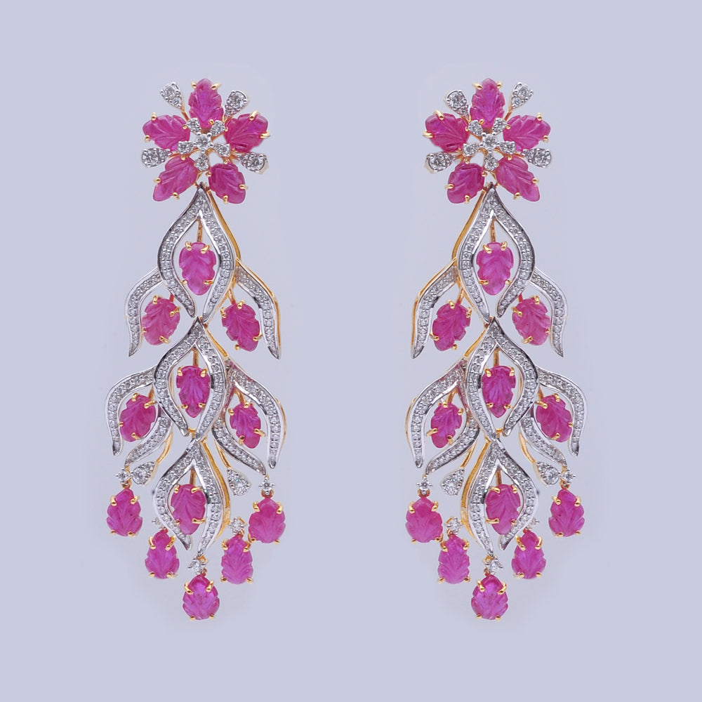 Diamond Floral Drop Earrings with Natural Rubies