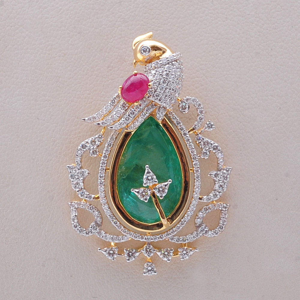 Diamond Peacock Pendant with Natural Emerald and Ruby