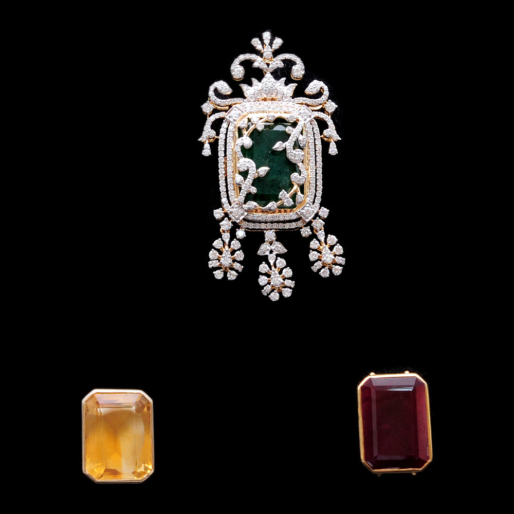 Diamond Pendant with Natural Topaz and Interchangeable Emerald or Ruby